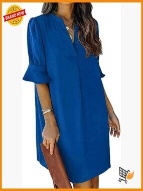 V Neck Ruffle Short Sleeve Shift Dress Casual Summer